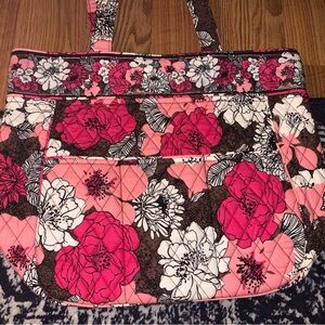 Vera Bradley Mocha Rouge Three Pocket Quilted Tote Bag Purse